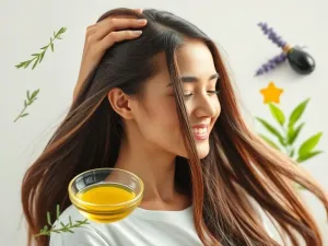 Przykładowa grafika do artykułu o przyspieszaniu wzrostu włosów, pokazująca młoda kobietę z długimi, zdrowymi włosami, która wykonuje masaż skóry głowy, otoczona naturalnymi składnikami, takimi jak zioła i olejki.