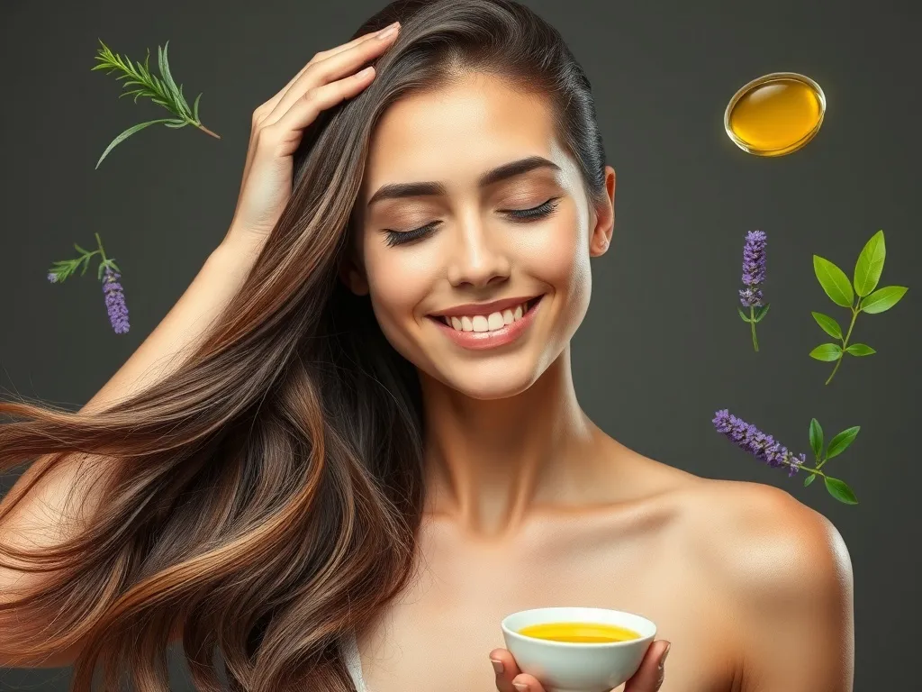 Przykładowa grafika do artykułu o przyspieszaniu wzrostu włosów, pokazująca młoda kobietę z długimi, zdrowymi włosami, która wykonuje masaż skóry głowy, otoczona naturalnymi składnikami, takimi jak zioła i olejki.