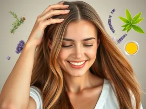 Przykładowa grafika do artykułu o przyspieszaniu wzrostu włosów, pokazująca młoda kobietę z długimi, zdrowymi włosami, która wykonuje masaż skóry głowy, otoczona naturalnymi składnikami, takimi jak zioła i olejki.