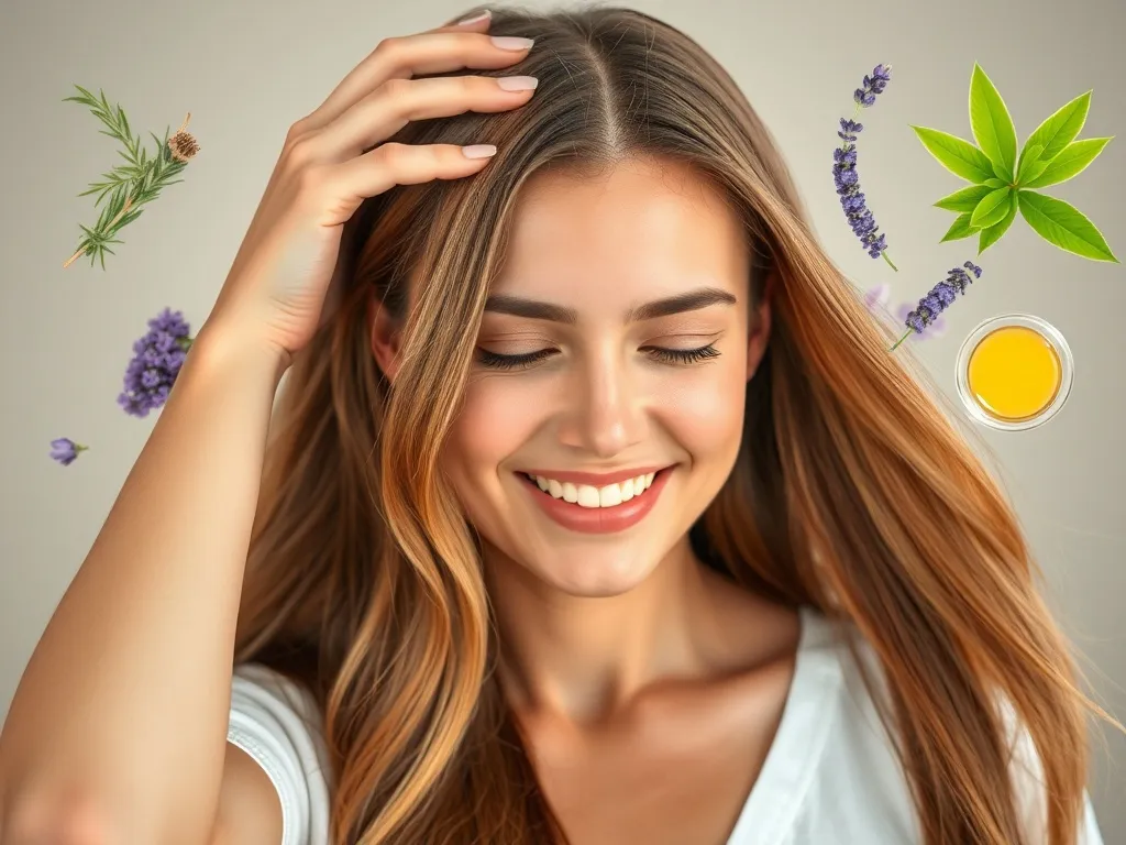 Przykładowa grafika do artykułu o przyspieszaniu wzrostu włosów, pokazująca młoda kobietę z długimi, zdrowymi włosami, która wykonuje masaż skóry głowy, otoczona naturalnymi składnikami, takimi jak zioła i olejki.