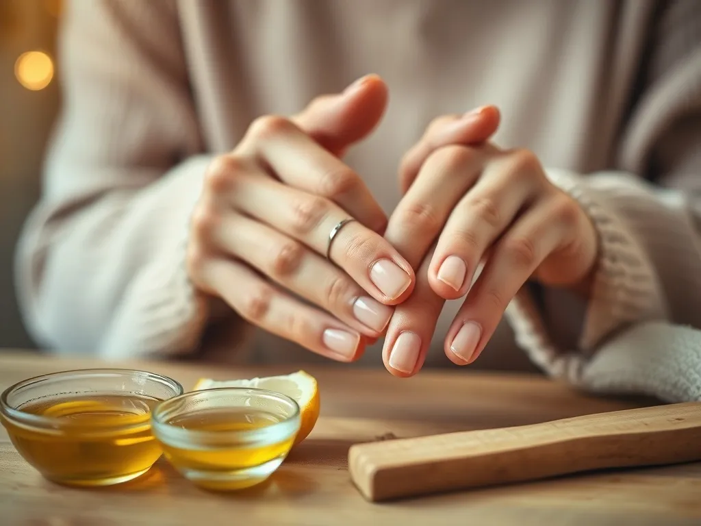 Kobieta wykonująca domowy manicure, skupiona na dłoniach z zadbanymi paznokciami. W tle widoczne są naturalne składniki pielęgnacyjne.
