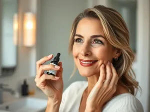 Kobieta po 40. roku życia z promienną cerą, podczas aplikacji serum na twarz, w tle nowoczesna łazienka.