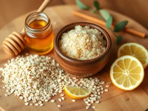 Domowy peeling cukrowy z płatków owsianych i miodu na tle drewnianej deski, otoczony świeżymi składnikami takimi jak płatki owsiane, miód w słoiku i cytryna.