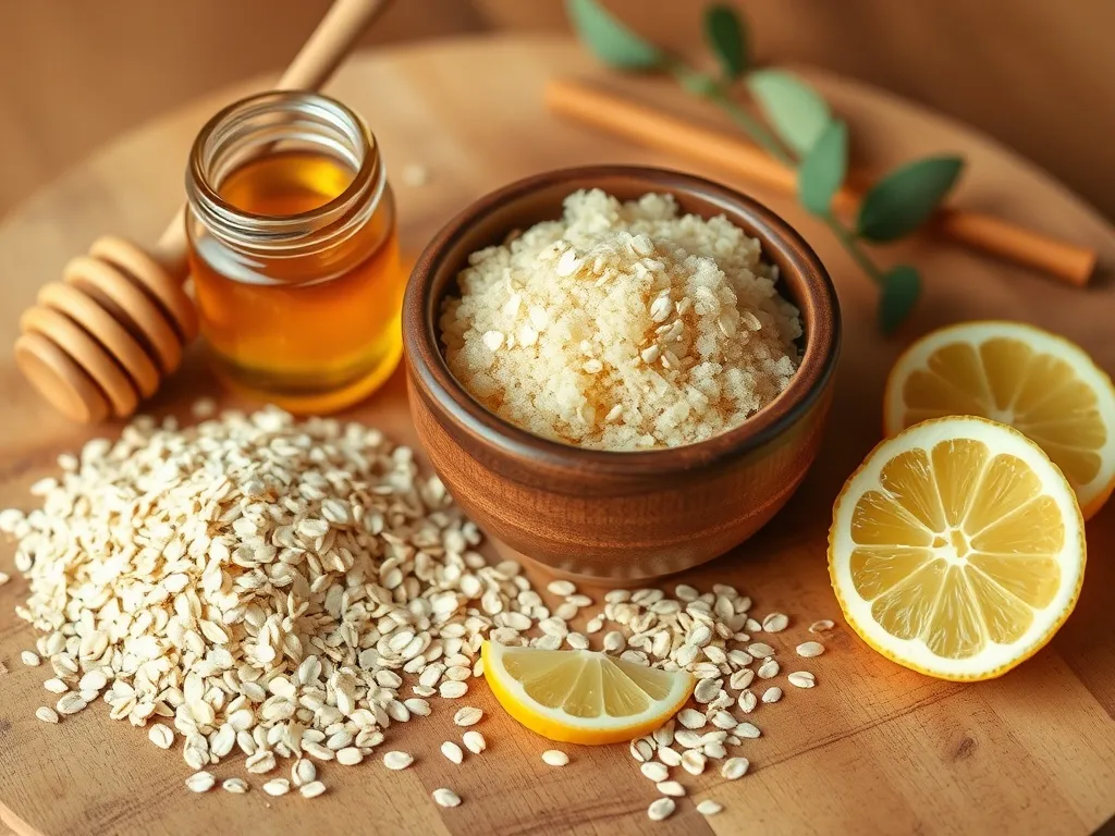 Domowy peeling cukrowy z płatków owsianych i miodu na tle drewnianej deski, otoczony świeżymi składnikami takimi jak płatki owsiane, miód w słoiku i cytryna.
