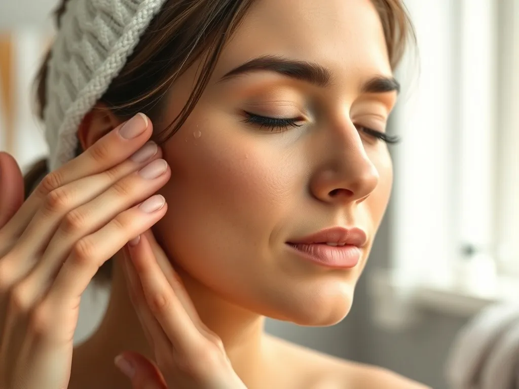 Kobieta wykonująca delikatny masaż twarzy z użyciem oleju na tle łagodnie rozmazanego, domowego otoczenia.